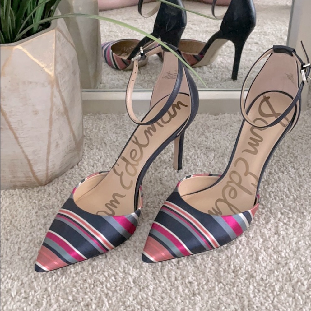 Striped ankle-strap heels